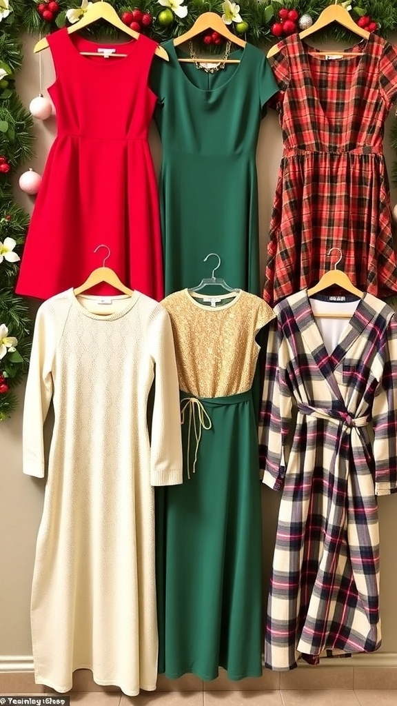 Festive Christmas Dress Ideas A collection of festive Christmas dresses in red, green, gold, cream, and plaid styles, displayed with holiday decorations.